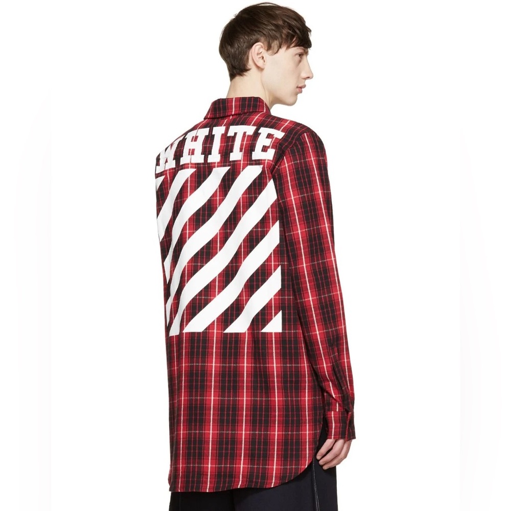Off-White c/o Virgil Abloh Red Plaid Diagonal Stripe Flannel Shirt – XS